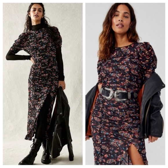 Free People Dress Womens XS Black Grunge Floral Ruched Midi - Picture 2 of 11